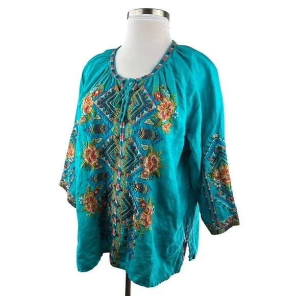 Johnny Was Linen Sentrie Peasant Blouse Floral Embroidered Blue 3/4 Sleeve XXL - Picture 10 of 16